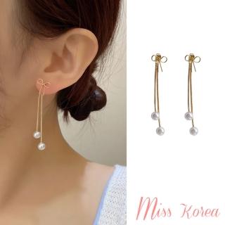 【MISS KOREA】韓國設計S925銀針縷空蝴蝶結長鍊珍珠流蘇造型耳環(925銀針耳環 珍珠耳環 流蘇耳環)