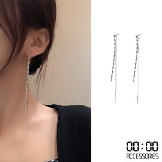【00:00】韓國設計S925銀針個性方晶串鍊長流蘇時尚耳環(S925銀針耳環 方晶耳環 流蘇耳環)