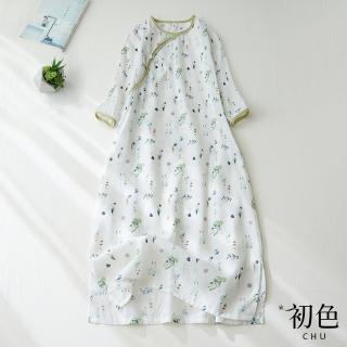【初色】復古民族風碎花印花連身裙洋裝-綠色-61864(M-2XL可選)