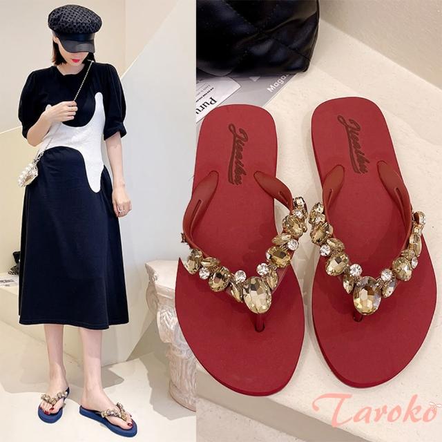 【Taroko】香檳寶石鑽夏季平底夾腳拖鞋(8色可選)