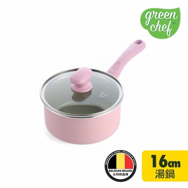 【GreenChef】greenpan Sandstone系列16cm陶瓷不沾鍋單柄湯鍋(櫻花粉-加蓋)