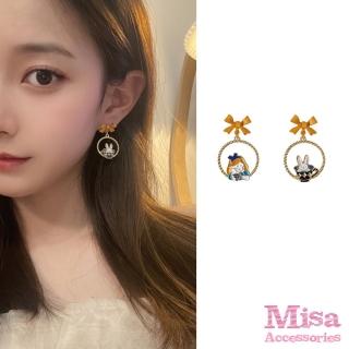 【MISA】韓國設計S925銀針不對稱咖啡杯愛麗絲與兔子造型耳環(S925銀針耳環 不對稱耳環 兔子耳環)