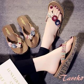 【Taroko】雙色珍珠花夏季人字夾腳拖鞋(2色可選)