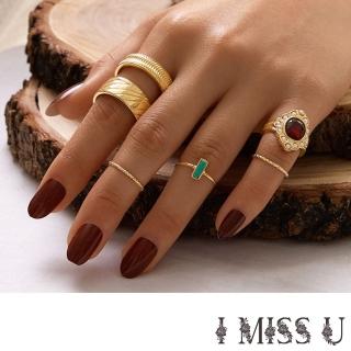 【I MISS U】時尚歐美民族風復古寶石珍珠鑲嵌造型6件戒指套組(寶石戒指 珍珠戒指 開口戒)