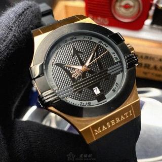【MASERATI 瑪莎拉蒂】瑪莎拉蒂男女通用錶型號R8851108002(黑色錶面玫瑰金錶殼深黑色矽膠錶帶款)