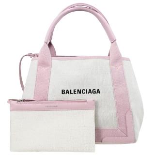 【Balenciaga 巴黎世家】NAVY 簡約LOGO厚帆布拼接附萬用袋大手提包托特包(米白)
