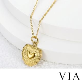 【VIA】時尚系列 氣質愛心花紋造型白鋼項鍊(白鋼項鍊 愛心項鍊 花紋項鍊)