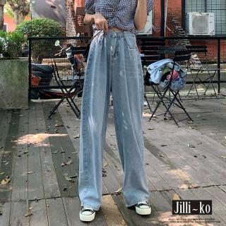 【JILLI-KO】通季街頭風新款高腰直筒拖地牛仔褲-M/L/XL(藍)
