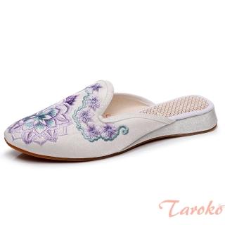 【Taroko】古典美人民族低跟繡花包頭拖鞋(4色可選)