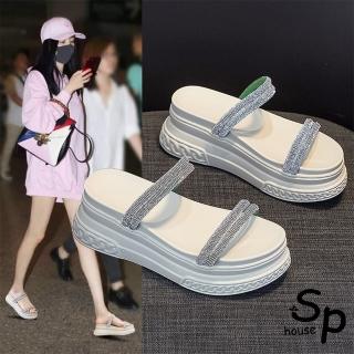 【Sp house】仙女水鑽時尚夏季兩穿一字涼拖鞋(2色可選)
