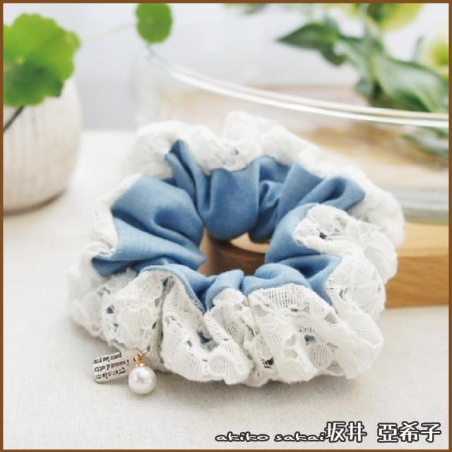 【Akiko Sakai】簡約淑女藍白花紋蕾絲珍珠髮圈(生日 送禮 禮物)