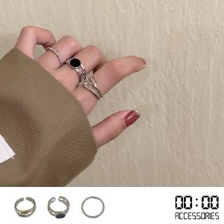 【00:00】韓國設計復古極簡滴釉縷空線條3件戒指套組(滴釉戒指 縷空戒指 極簡戒指)