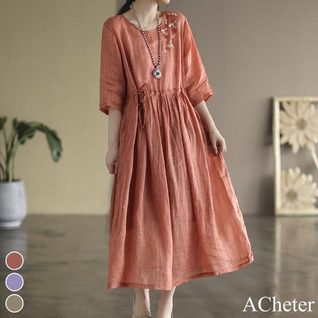 【ACheter】文藝復古圓領五分袖刺繡洋裝#112704現貨+預購(3色)