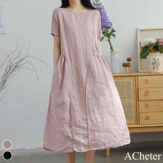 【ACheter】復古刺繡亞麻感圓領寬鬆短袖洋裝#112701現貨+預購(2色)