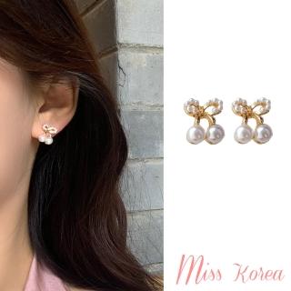 【MISS KOREA】韓國設計S925銀針可愛氣質蝴蝶結珍珠造型小巧耳環(S925銀針耳環 蝴蝶結耳環 珍珠耳環)
