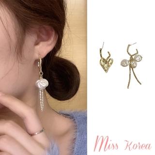 【MISS KOREA】韓國設計S925銀針不對稱愛心珍珠流蘇造型耳環(S925銀針耳環 不對稱耳環 珍珠耳環)