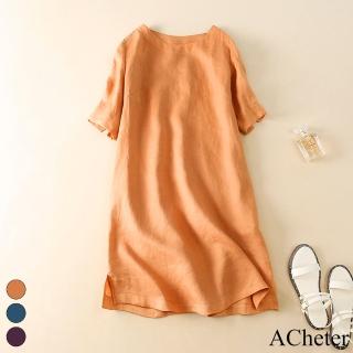 【ACheter】純色質感圓領短袖棉麻洋裝#112740現貨+預購(3色)