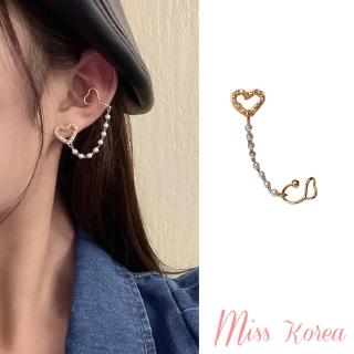 【MISS KOREA】韓國設計S925銀針氣質簡約愛心珍珠鍊條單只耳夾式耳環(S925銀針耳環 愛心耳環 珍珠耳環)
