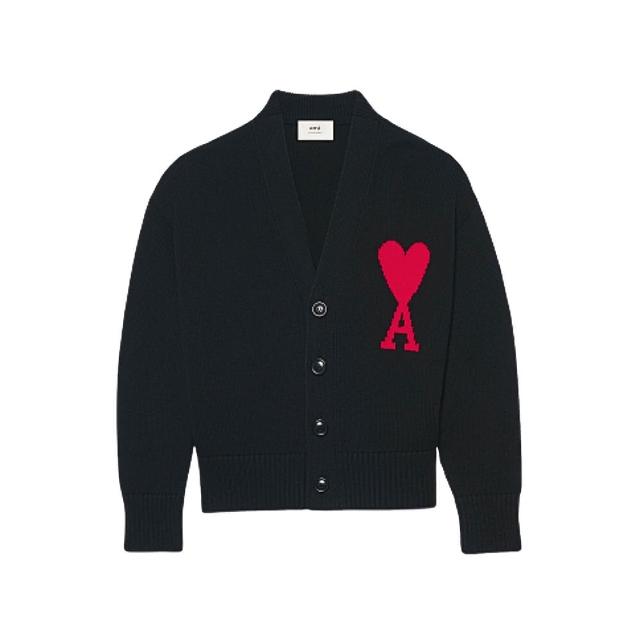 【AMI PARIS】男女同款 愛心A圖騰大LOGO 羊毛針織外套-黑色(XS號、S號、M號)