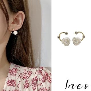 【INES】韓國設計S925銀針閃耀鋯石玫瑰花C字造型耳環(S925銀針耳環 玫瑰花耳環 C字耳環)
