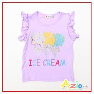 【Azio Kids 美國派】女童 上衣 冰淇淋字母印花荷葉邊無袖上衣T恤(紫)