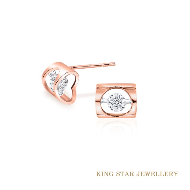 【King Star】心心相映18K玫瑰金靈動鑽石耳環-耳針式(單邊擁有20分視覺效果)