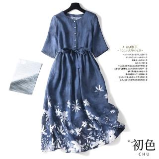 【初色】涼爽透氣棉麻風浪漫印花收腰連衣裙洋裝-藍色-61978(M-2XL可選)