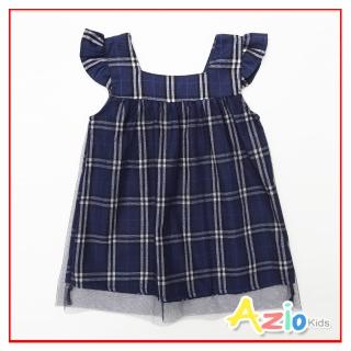 【Azio Kids 美國派】女童 洋裝 經典格紋網紗荷葉邊無袖洋裝(藍)