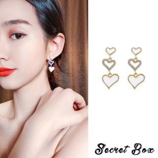 【SECRET BOX】韓國設計S925銀針浪漫愛心串鍊美鑽造型耳環(S925銀針耳環 美鑽耳環 愛心耳環)