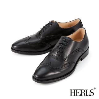 【HERLS】男鞋系列-全真皮翼紋沖孔鞍部牛津鞋(黑色)
