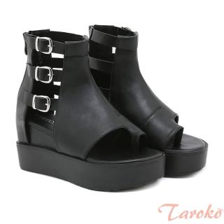 【Taroko】龐克皮帶扣拉鍊鏤空鬆糕厚底涼鞋(2色可選)