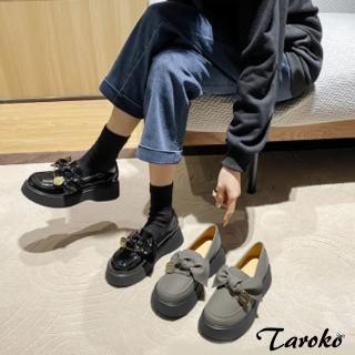 【Taroko】英倫復古全真牛皮蝴蝶結厚底樂福鞋(2色可選)
