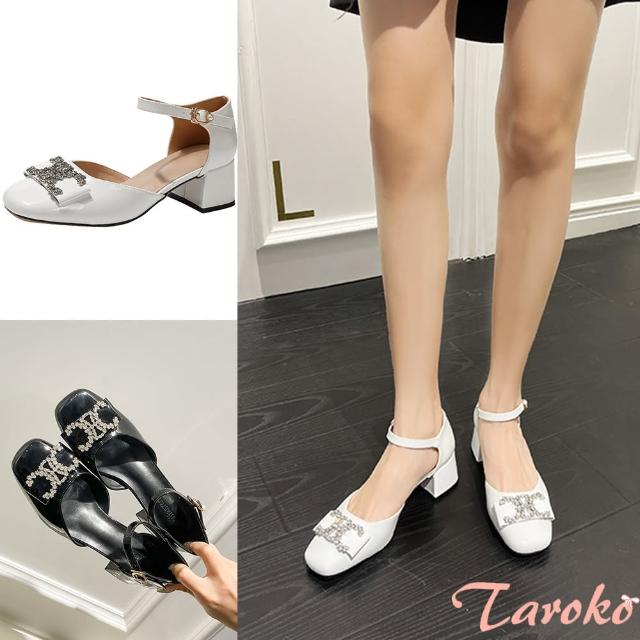 【Taroko】高貴雙C水鑽甜美粗跟圓頭涼鞋(2色可選)