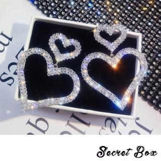 【SECRET BOX】雙愛心耳環 排鑽耳環/韓國設計S925銀針閃耀華麗雙愛心排鑽造型耳環(2色任選)