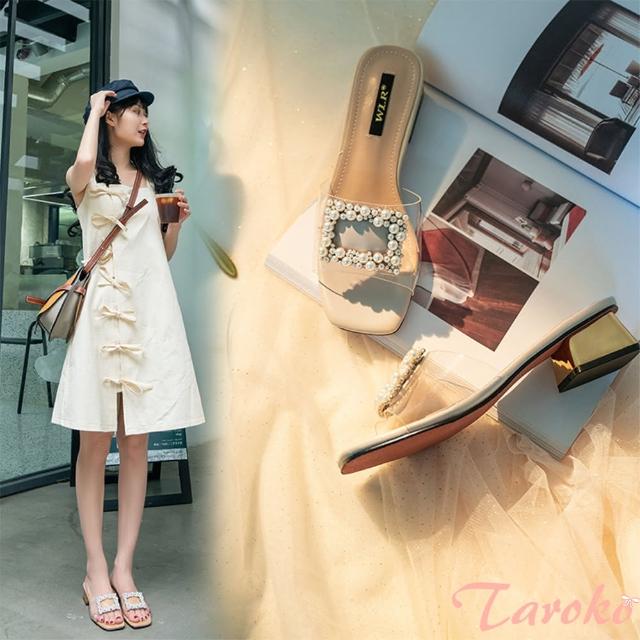 【Taroko】幾何珍珠一字透明粗跟拖鞋(3色可選)