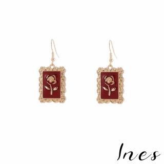 【INES】韓國設計金色復古滴釉畫框玫瑰造型耳環(滴釉耳環 玫瑰耳環 金色耳環)
