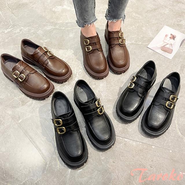 【Taroko】復古金皮扣厚底圓頭樂福鞋(2色可選)