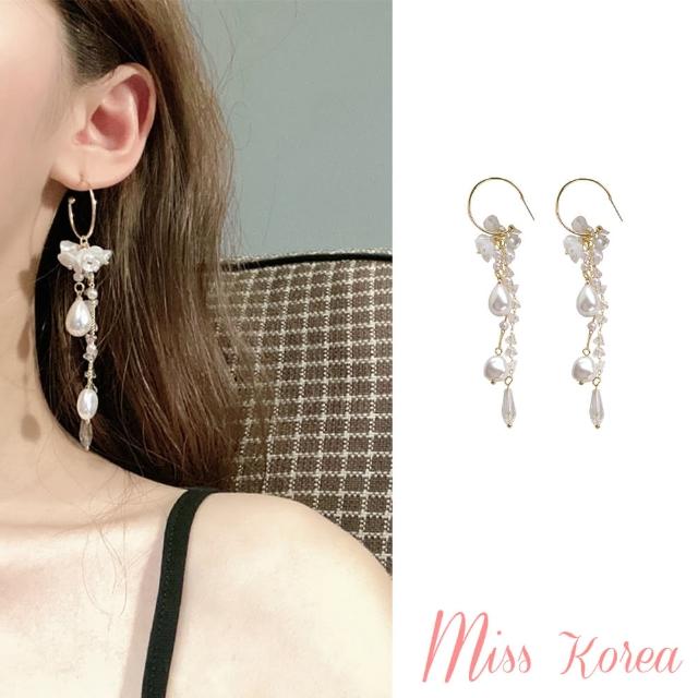 【MISS KOREA】韓國設計S925銀針唯美水晶珍珠花朵C圈造型長耳環(S925銀針耳環 C圈耳環 珍珠耳環)