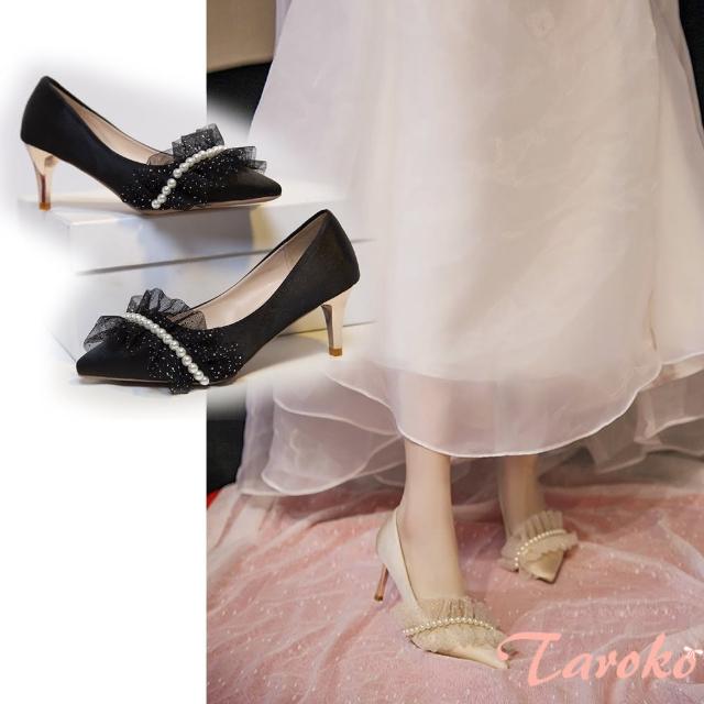 【Taroko】法式公主蕾絲珍珠尖頭細高跟鞋(2色可選)