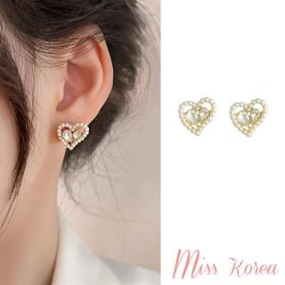 【MISS KOREA】韓國設計S925銀針幾何鋯石浪漫愛心珍珠耳環(S925銀針耳環 珍珠耳環 愛心耳環)