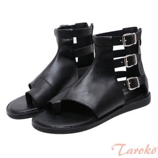 【Taroko】酷炫純色韓版復古皮帶鏤空涼鞋(黑色)