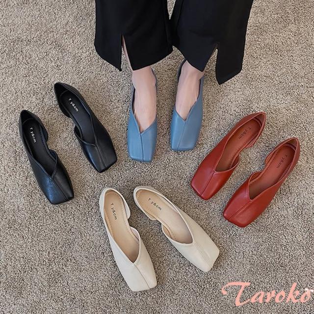 【Taroko】設計剪裁淺口方頭低跟豆豆鞋(4色可選)