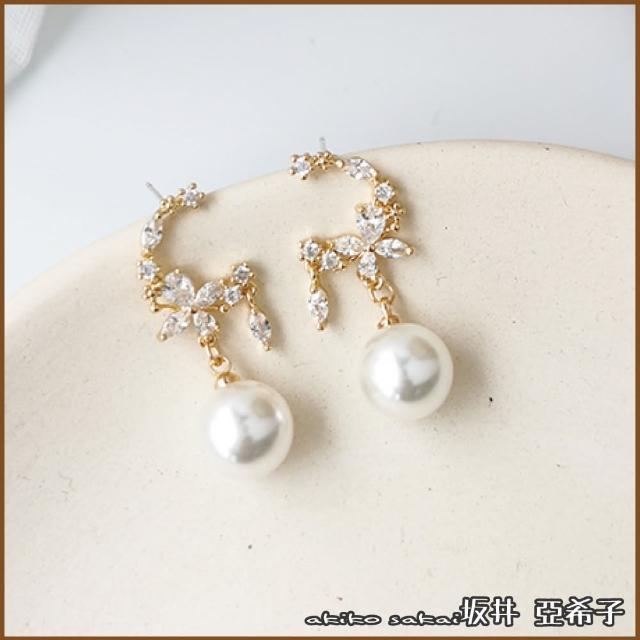 【Akiko Sakai】透明的花冰晶C型垂墜珍珠造型耳環(生日 送禮 禮物)