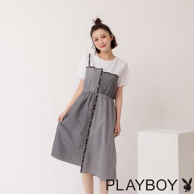 【PLAYBOY】條紋拼接收腰洋裝(白色)