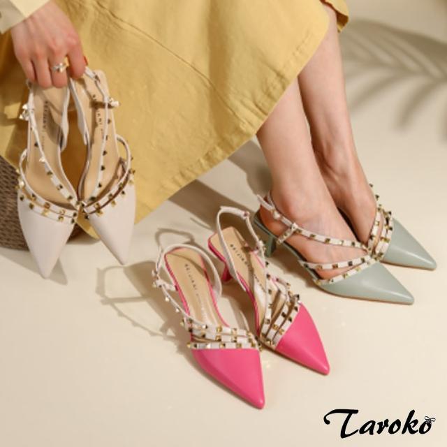 【Taroko】時髦前線鉚釘尖頭高跟涼鞋(3色可選)