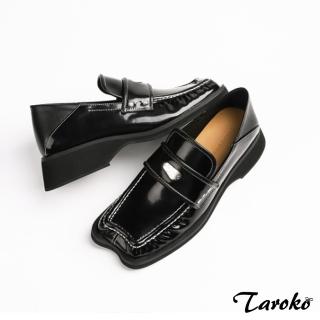 【Taroko】復古皺褶漆亮皮方頭厚底粗跟皮鞋(黑色)
