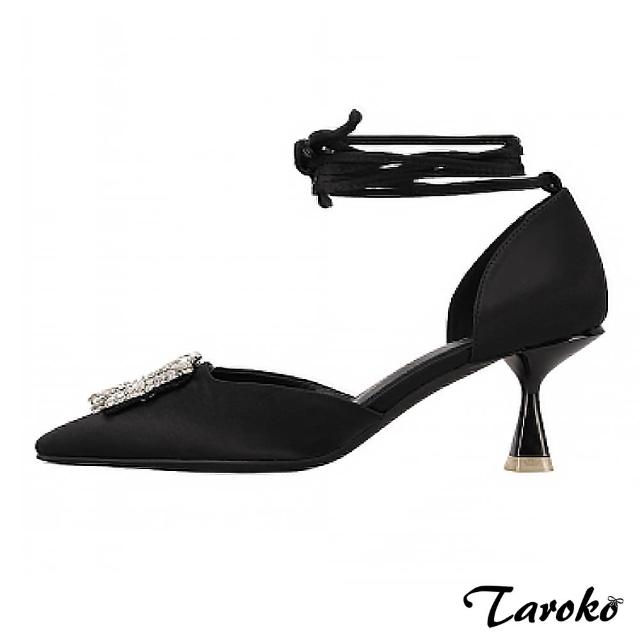 【Taroko】性感黑水鑽尖頭綁帶細高跟涼鞋(黑色)