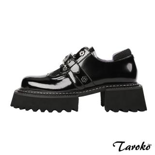 【Taroko】英倫風格漆亮皮圓頭厚底粗跟皮鞋(黑色)