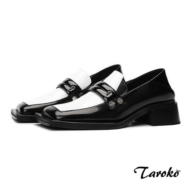 【Taroko】創意黑白拼色方頭厚底粗跟皮鞋(黑色)