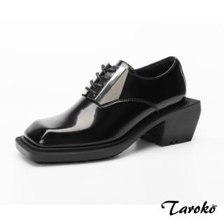 【Taroko】復古首選漆亮皮綁帶方頭厚底皮鞋(黑色)